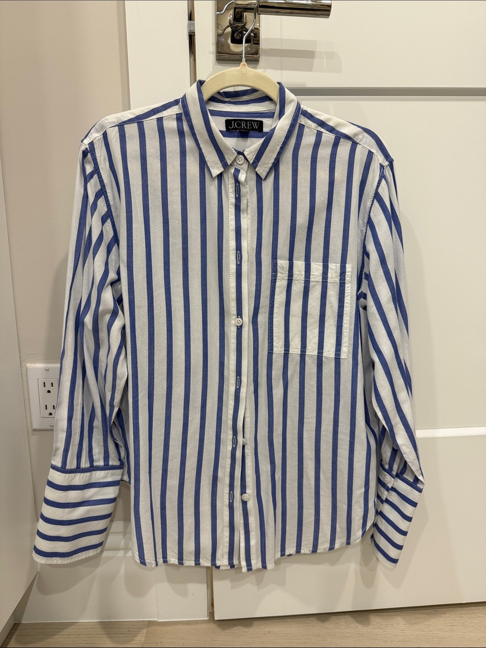 J. Crew White and Blue Vertical Stripe Button-Down Top